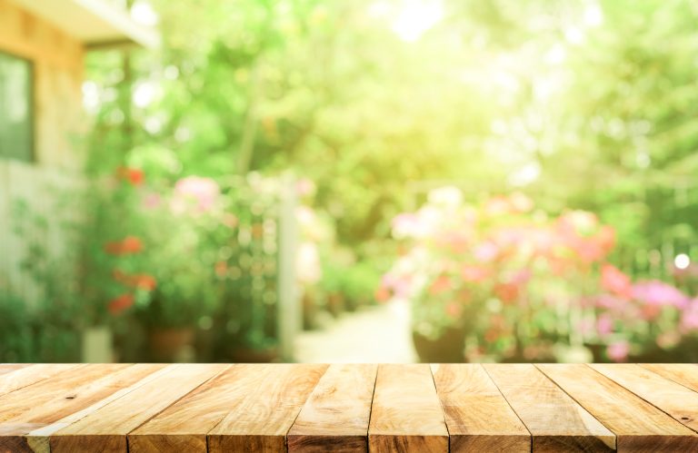 A garden in the background behind a wood potting table.